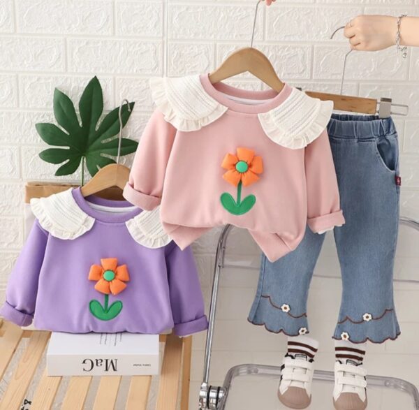 NEW Girls Autumn And Winter Flower Lapel Long-Sleeved Two Piece Set