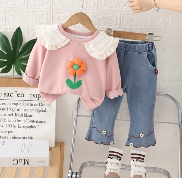 NEW Girls Autumn And Winter Flower Lapel Long-Sleeved Two Piece Set - Image 4