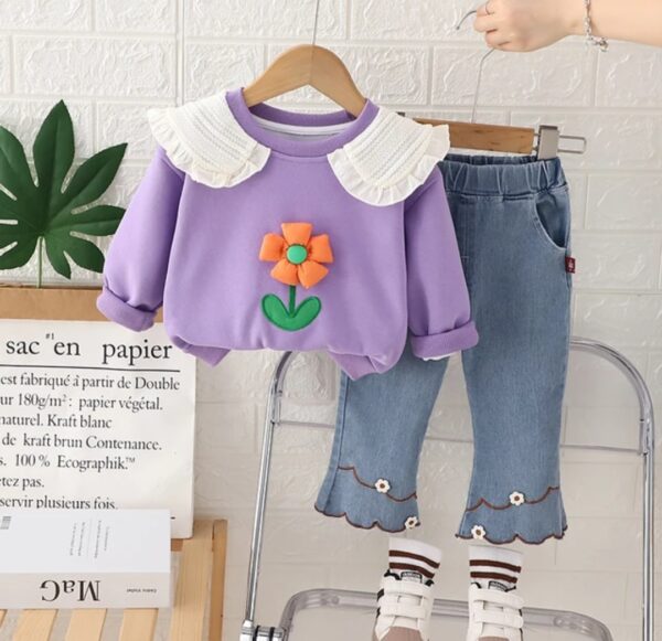 NEW Girls Autumn And Winter Flower Lapel Long-Sleeved Two Piece Set - Image 2