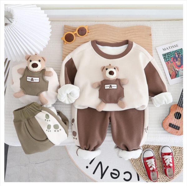 Baby Winter Children's Wear 2023 New Sports Set Cute Cartoon Plush Thickened Sweater Casual Two Piece Set - Image 3